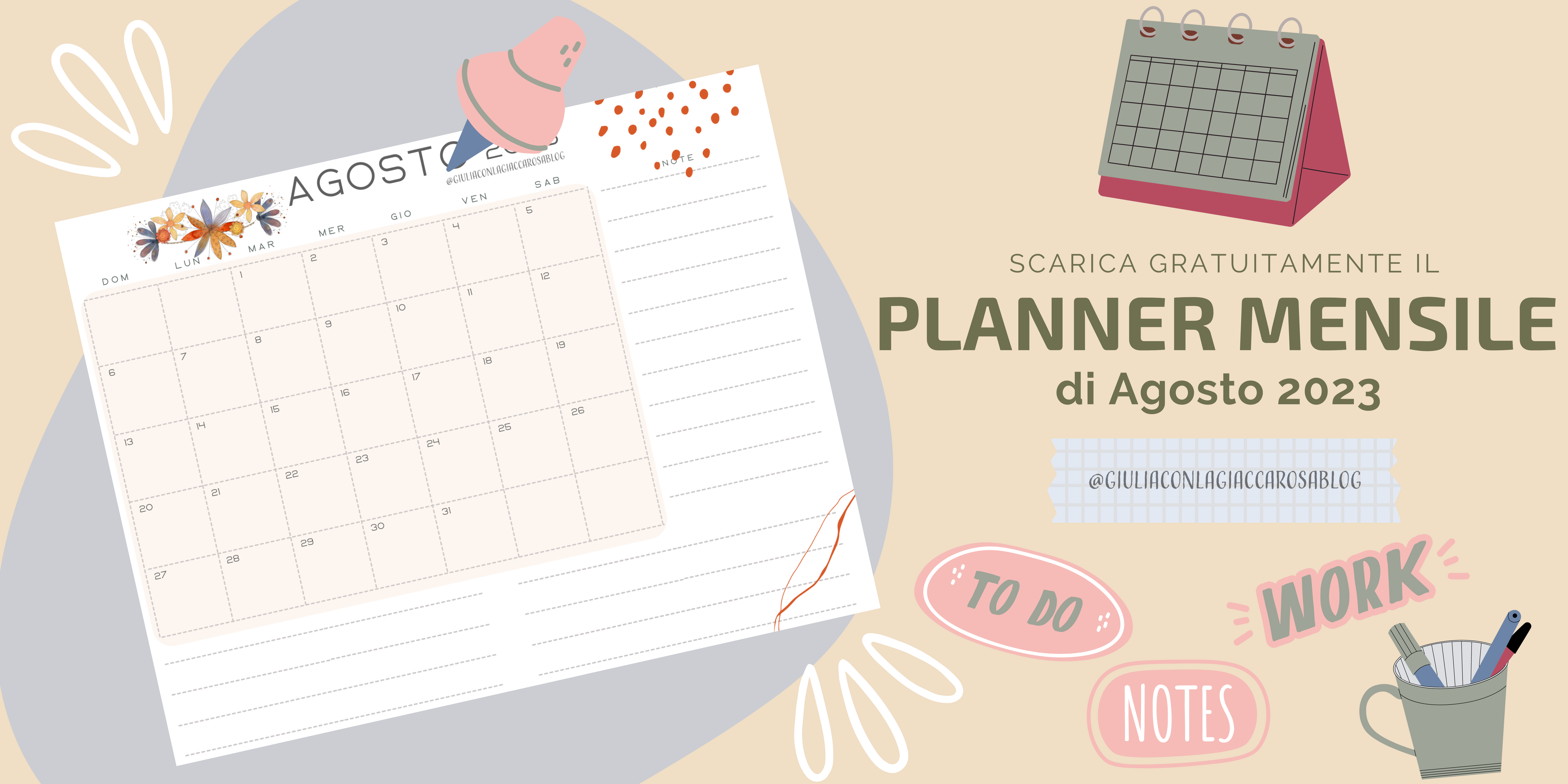 Stampabili gratuiti| Planner mensile AGOSTO 2023